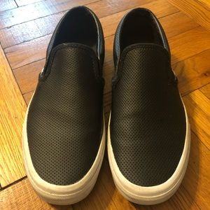 Vans black perforated leather slip ons